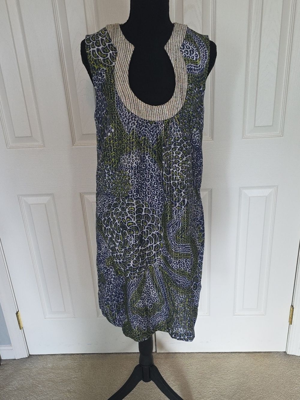 Trina Turk Navy and Olive Floral Sleeveless Midi with Beaded Cream Neckline